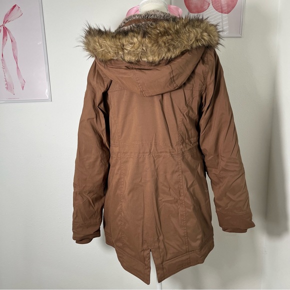 Hollister Brown Hooded Parka Jacket Faux Fur Trim Sherpa Lined Womens Small - Picture 6 of 9